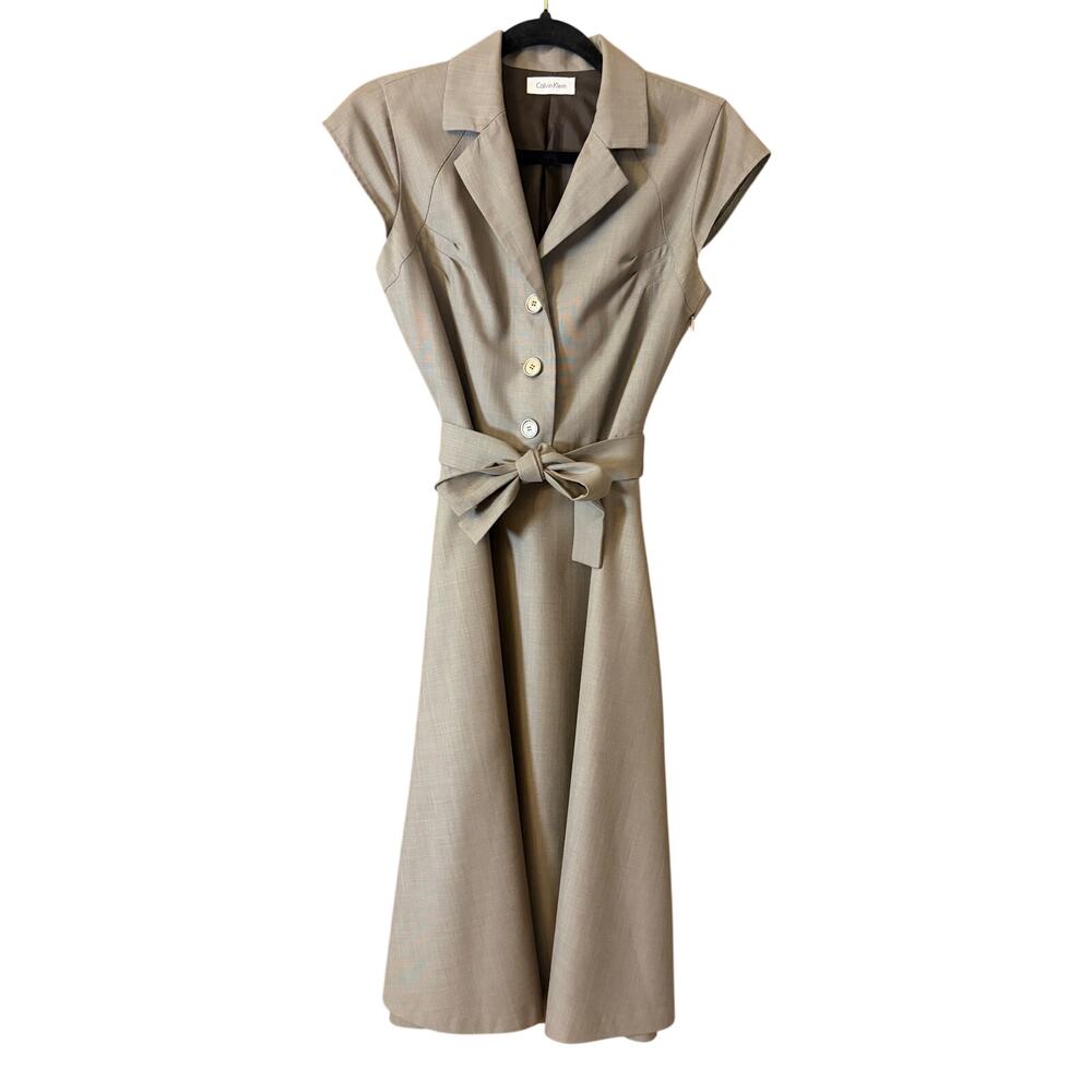 Calvin Klein Taupe Grey Belted Cap-Sleeve A-Line Shirt Dress Size 4